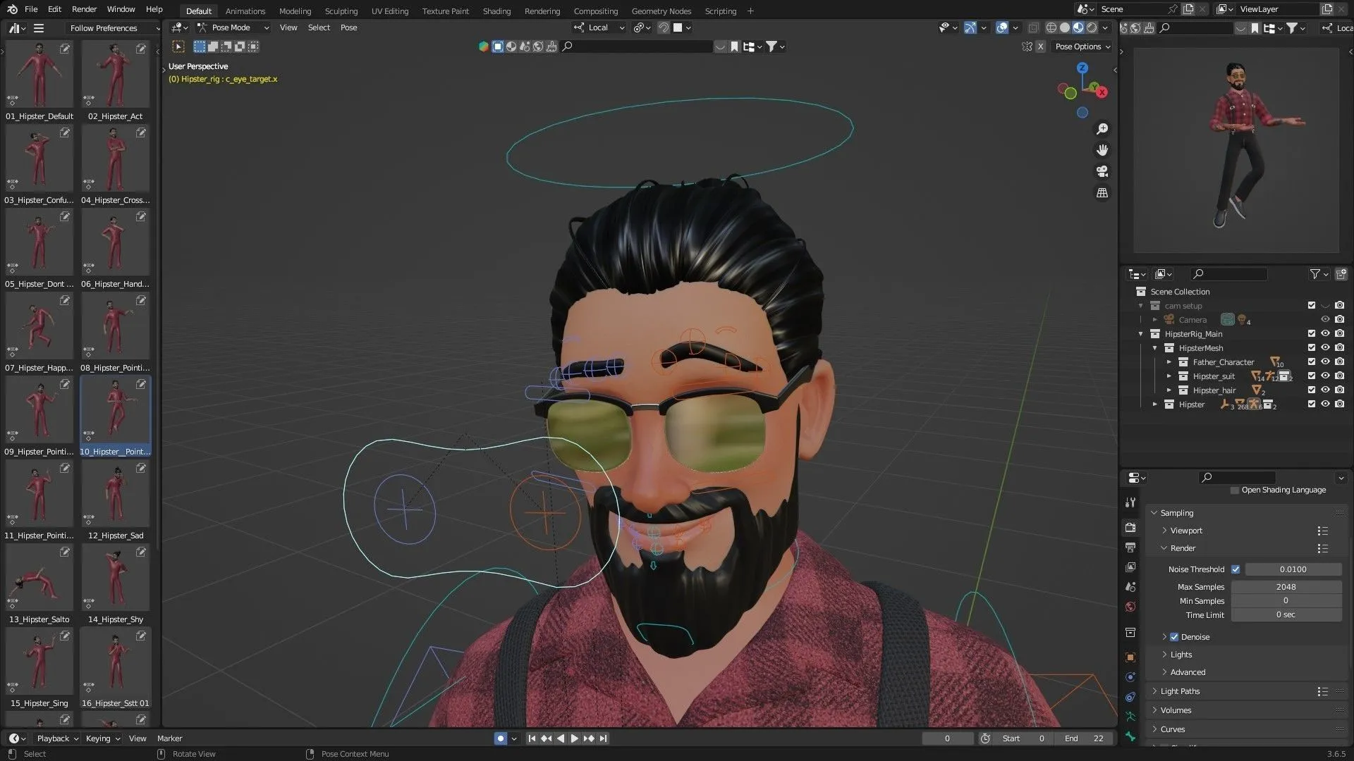 Hipster Man Cartoon Character facial rig wireframe